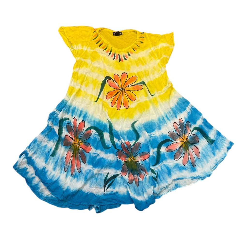 Beach By Exist Sundress Swim Coverup Tie Dye Flower Floral Yellow Blue Free Size